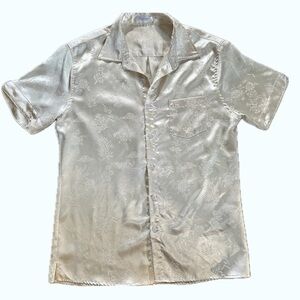 COOFANDY Satin Floral Button Down Shirt Men’s Small Cream Jacquard Wedding Party